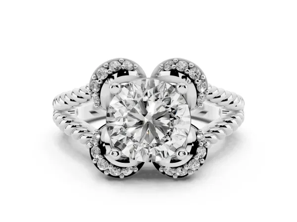 Round Cut Halo Milgrain Solitaire with Split Shank and Four-Prong Setting White gold