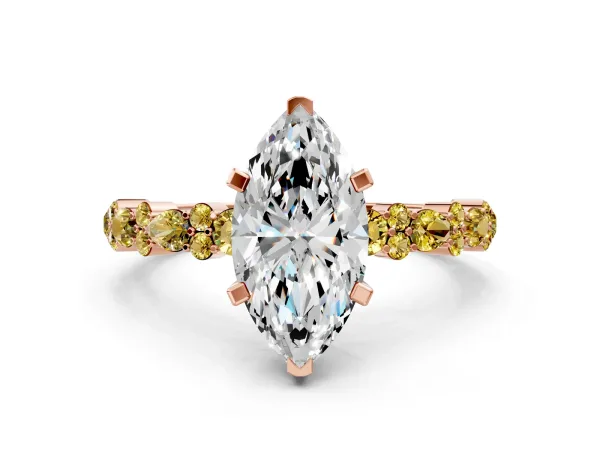 Marquise Cut Diamond Side Stone Solitaire Ring with Round Yellow Sapphire and Four-Prong Setting Rose gold