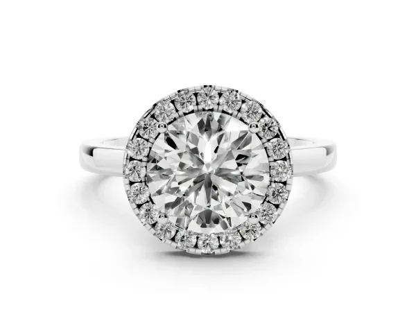 Round Cut Halo Diamond Solitaire with Pavé Band and Four-Prong Setting Platinum