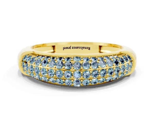 Three-Row Pavé Round Aquamarine Dome Band Yellow gold