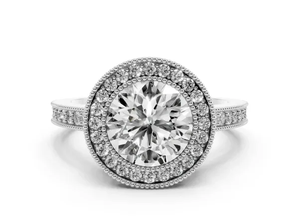 Round Cut-Cut Halo Diamond Ring with Pavé Band and Milgrain Prong Setting Platinum
