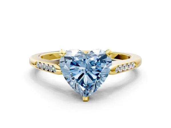 Fancy Blue Heart Cut Diamond Solitaire Ring with Channel Set Round Band and Prong Setting Yellow gold