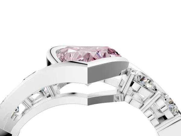 Fancy Pink Bezel Set Heart Cut Diamond Bypass Ring with Round Accents White gold