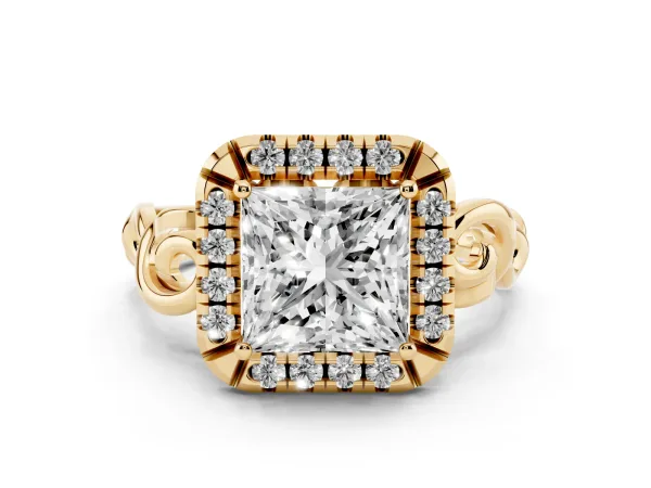 Princess Cut Cut Halo Diamond Ring with Scrollwork Band and Four-Prong Setting Yellow gold