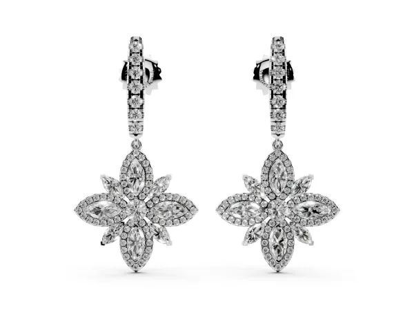 Marquise and Round Diamond Floral Huggie Drop Earrings White gold