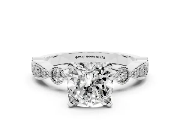 Cushion Cut Milgrain Bezel Diamond Engagement Ring with Solitaire Prong Setting Platinum