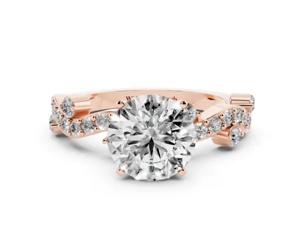 Round Cut Cut Solitaire Diamond Twisted Band with Pave Setting Rose gold