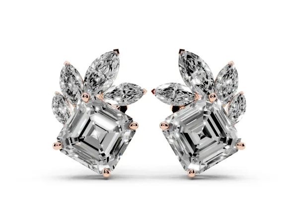 Asscher and Marquise Diamond Cluster Stud Earrings Rose gold