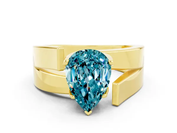 Modern Tension Set Pear Cut Blue Topaz Solitaire Wide Band Ring Yellow gold