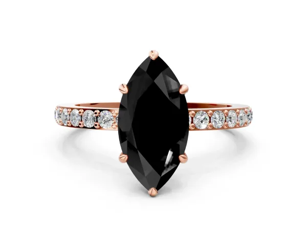 Fancy Black Marquise Cut Diamond Solitaire Engagement Ring with Pavé Band and Four-Prong Setting Rose gold
