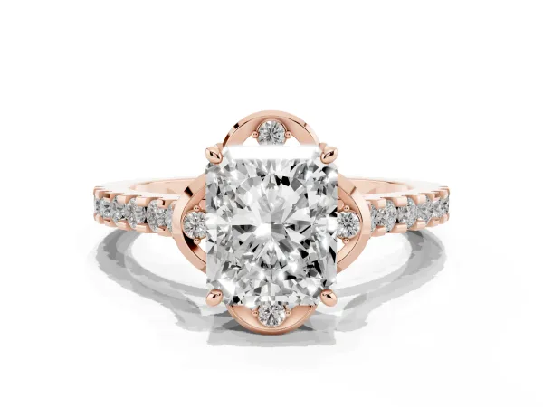 Radiant Cut Diamond Ring with Pavé Band and Floral Prong Setting Rose gold