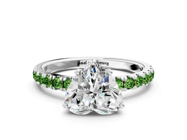 Heart Cut Diamond Pave Band Solitaire Ring with Round Peridot and Prong Setting Platinum
