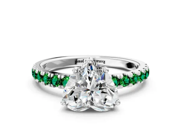 Heart Cut Diamond Pave Band Solitaire Ring with Round Emerald and Prong Setting Platinum
