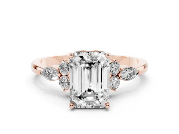 Emerald Cut Brilliant Diamond Solitaire Ring with Pear Side Stones and Four-Prong Setting Rose gold