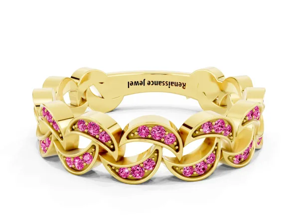 Pavé Round Pink Sapphire Interlocking Eternity Band with Bezel Prong Setting Yellow gold