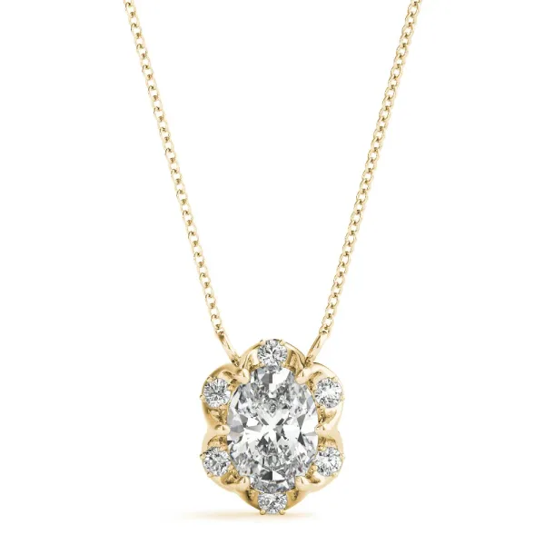 Oval Diamond Halo Pendant with Prong Setting Yellow gold