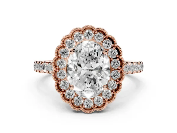Oval Cut Cut Diamond Milgrain Floral Halo Engagement Ring with Pavé Band Rose gold
