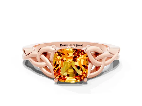 Cushion Cut Citrine Solitaire Celtic Knot Ring with Four-Prong Setting Rose gold