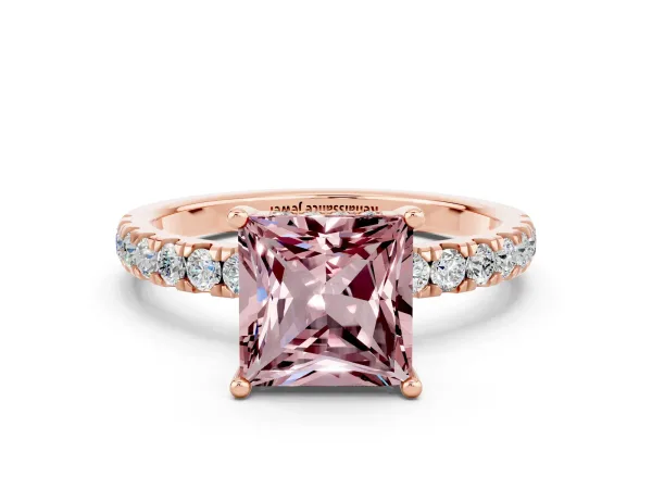 Princess Cut Morganite Pave Band Solitaire Ring with Round and Prong Setting Rose gold