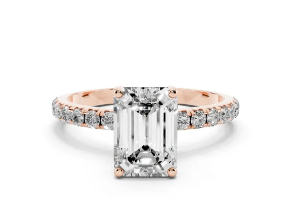 Emerald Cut Cut Diamond Solitaire Ring with Micro Pave Band and Four Prong Setting Rose gold