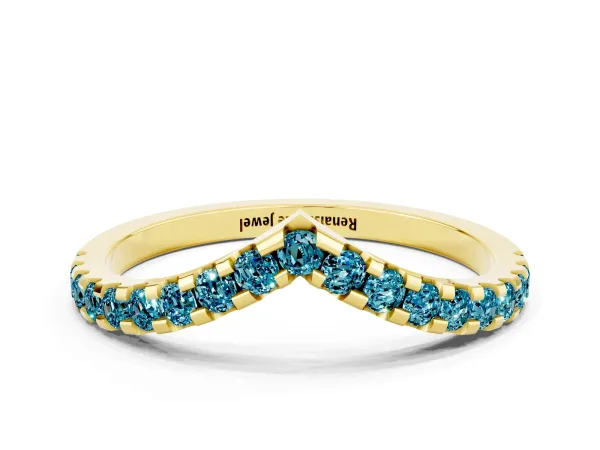 Pavé Round Blue Topaz Chevron Band with Shared Prong Setting Yellow gold
