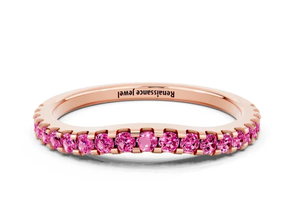 Round Pink Sapphire Pavé Curved Wedding Band Rose gold