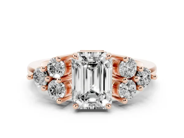 Emerald Cut Brilliant Diamond Cluster Accent Solitaire Ring with Prong Setting Rose gold