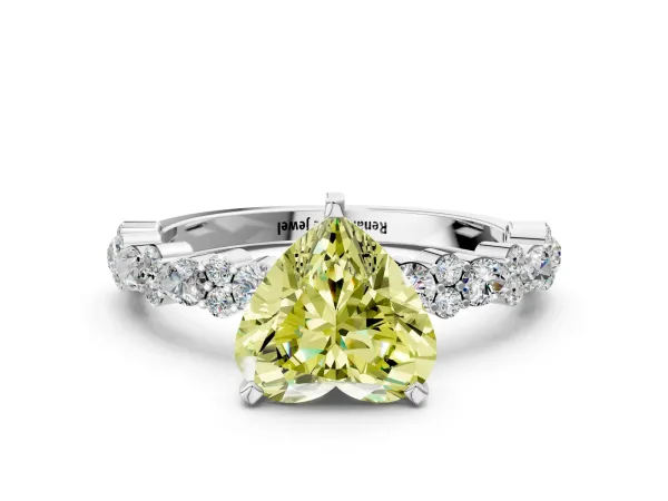 Fancy Yellow Heart Cut Diamond Side Stone Solitaire Ring with Round and Four-Prong Setting Platinum