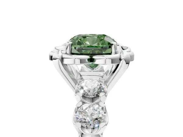 Fancy Green Cushion Cut Cut Diamond Floral Halo Engagement Ring with Shared Prong Setting Platinum