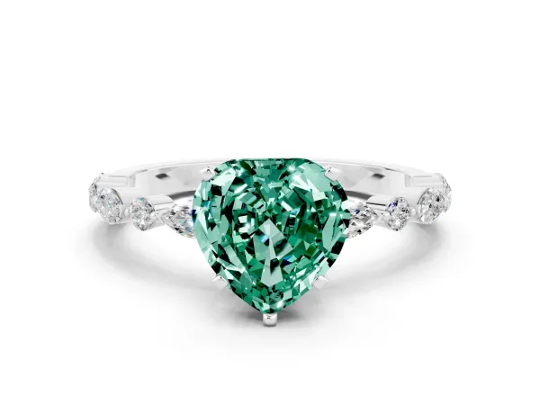 Heart Cut Green Sapphire Ring with Marquise and Round Side Stones and Four-Prong Setting Platinum