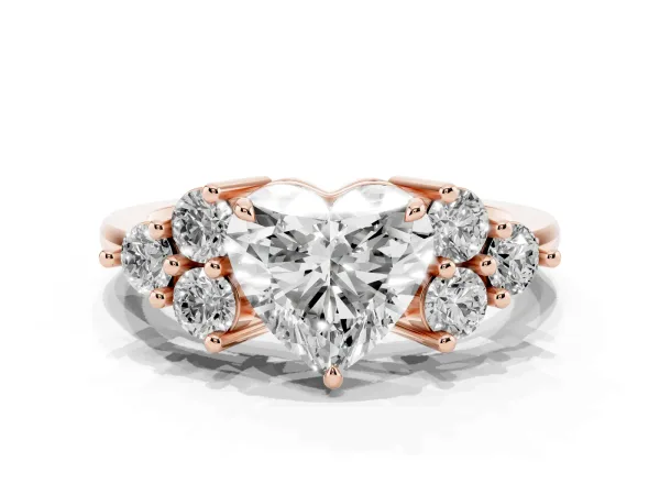 Heart Cut Brilliant Diamond Cluster Accent Solitaire Ring with Prong Setting Rose gold