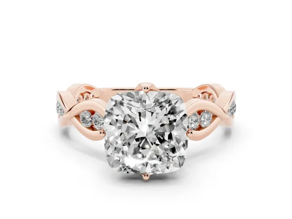 Cushion Cut Solitaire Twist Band with Leaf Prong Setting Rose gold