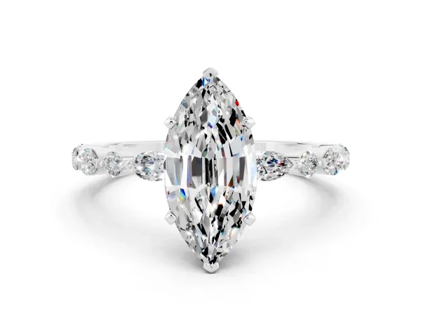 Marquise Cut Moissanite Ring with Marquise and Round Side Stones and Four-Prong Setting White gold