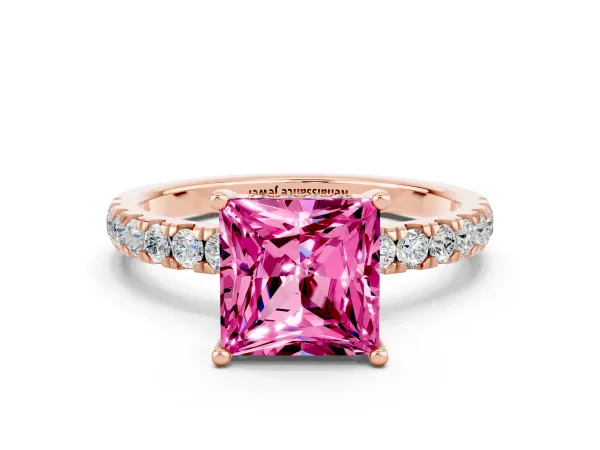 Princess Cut Pink Sapphire Pave Band Solitaire Ring with Round and Prong Setting Rose gold