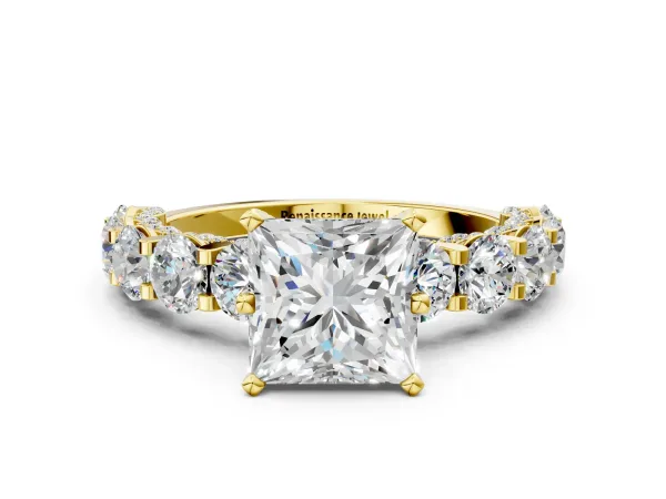 Princess Cut Diamond Side Stone Engagement Ring with Four-Prong Setting Yellow gold