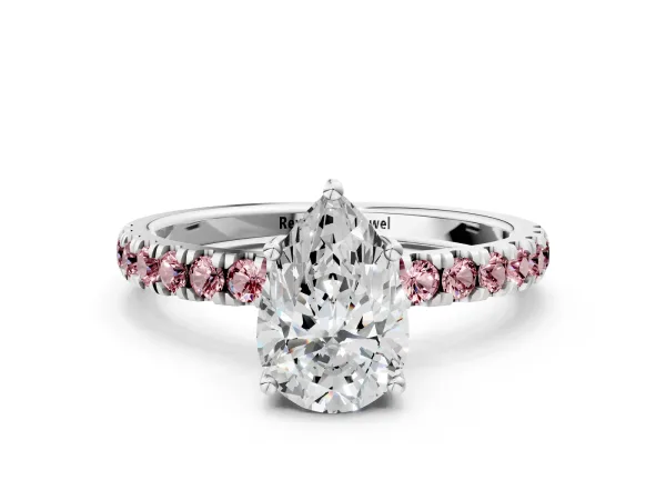 Pear Cut Diamond Pave Band Solitaire Ring with Round Morganite and Prong Setting White gold
