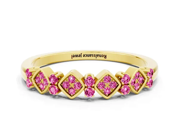 Pavé Cushion Pink Sapphire Cluster Eternity Band with Prong Setting Yellow gold