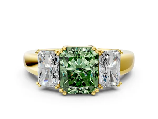 Fancy Green Three-Stone Radiant Cut Cut Diamond Ring with Channel Set Band and Four-Prong Setting Yellow gold