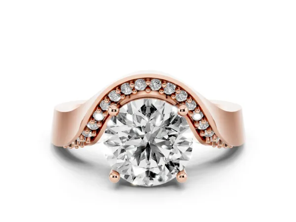 Round Cut Solitaire Diamond Engagement Ring with Pave Band and Four-Prong Setting Rose gold