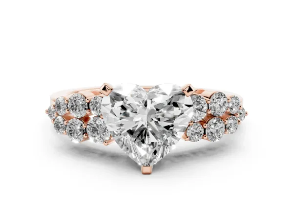 Heart Cut Cluster Diamond Engagement Ring with Pavé Band and Four-Prong Setting Rose gold