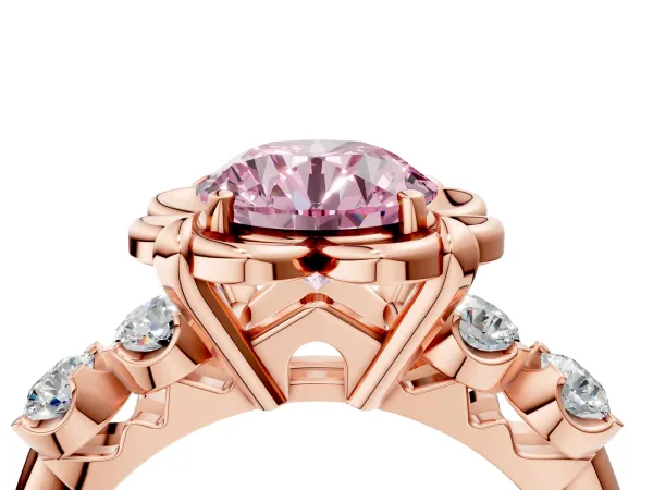 Fancy Pink Round Cut Cut Diamond Floral Halo Engagement Ring with Shared Prong Setting Rose gold