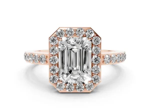 Emerald Cut Halo Diamond Pavé Band Ring with Prong Setting Rose gold