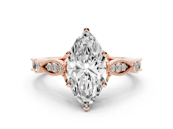 Marquise Cut Cut Diamond with Milgrain Marquise and Bezel Accents on a Solitaire Band with Prong Setting Rose gold