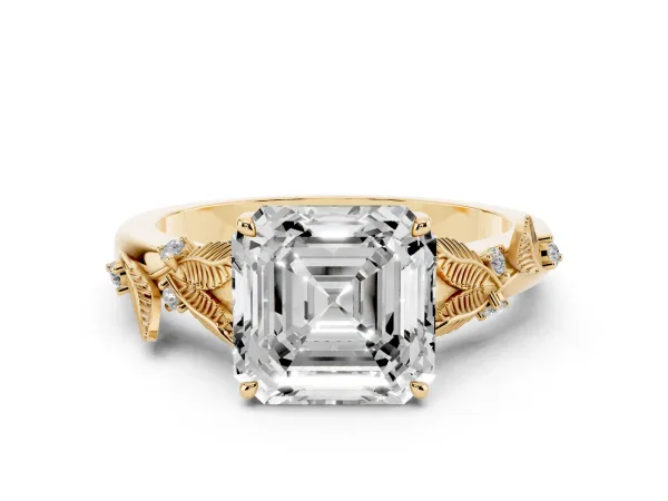 Asscher Cut Diamond Solitaire Ring with Leaf Motif Band and Four-Prong Setting Yellow gold