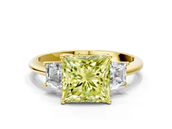 Fancy Yellow Princess Cut Diamond Three-Stone Ring with Trapezoid Side Stones and Prong Setting Yellow gold