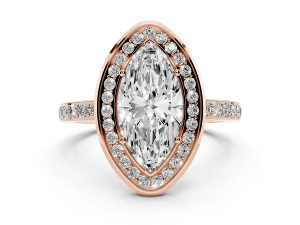 Marquise Cut Diamond Halo Ring with Bezel Frame and Pavé Band Rose gold