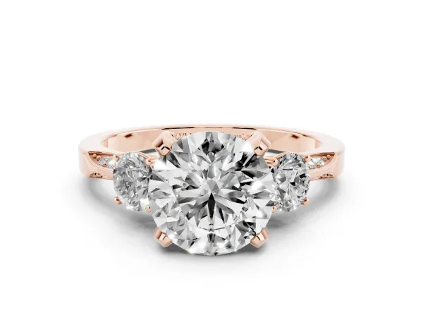 Round Cut Brilliant Three-Stone Diamond Ring with Pavé Band and Four-Prong Setting Rose gold