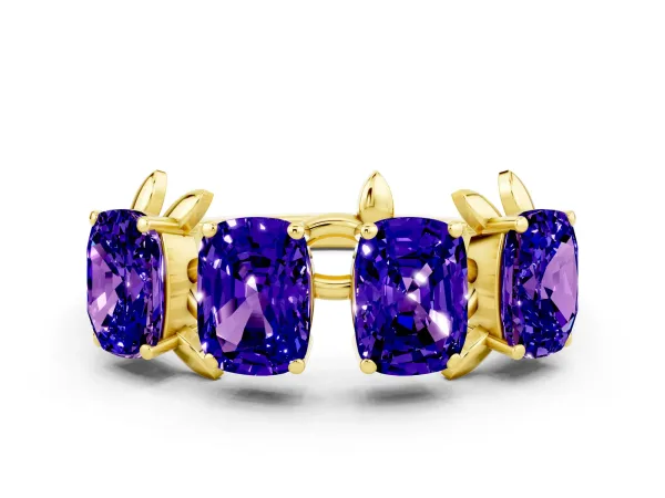 Four-Stone Elongated Cushion Tanzanite Band with Nature-Inspired Prong Setting Yellow gold