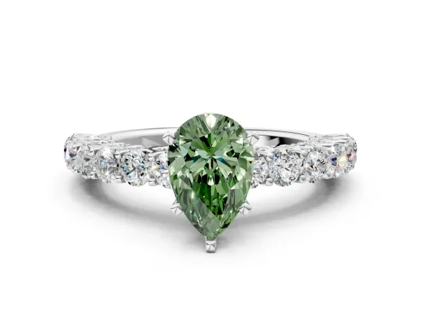 Fancy Green Pear Cut Diamond Solitaire Ring with Shared Prong Pavé Band and Four-Prong Setting Silver