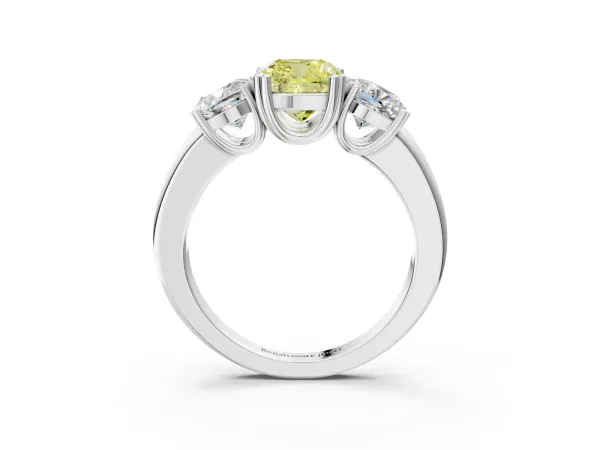 Fancy Yellow Three-Stone Cushion Cut Cut Diamond Ring with Channel Set Band and Four-Prong Setting White gold